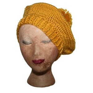Golden Knit Slouchy Beret Beanie with Pom-Pom
